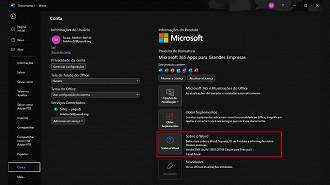 Tela do Office que confirma a versão que você usa. Imagem: Oficina da Net Tela do Office que confirma a versão que você usa. Imagem: Oficina da Net