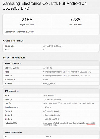 Teste do Exynos 2600 no Geekbench. Imagem: Geekbench/Reprodução