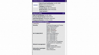 Galaxy A17 4G certificado no Wi-Fi Alliance. Imagem: Reprodução Galaxy A17 4G certificado no Wi-Fi Alliance. Imagem: Reprodução