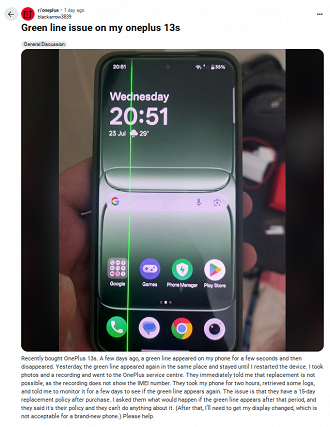Relato do usuário que comprou o OnePlus 13S e agora sofre com uma linha verde na tela. Imagem: Reddit