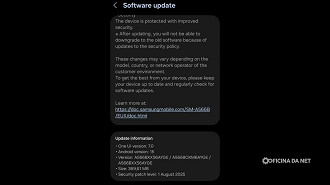 Galaxy A56 recebendo o patch de segurança de agosto. Imagem: Sammyfans/Reprodução Galaxy A56 recebendo o patch de segurança de agosto. Imagem: Sammyfans/Reprodução