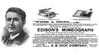 Em 1876, Thomas Edison patenteia o mimeógrafo. Imagem: Reprodução Em 1876, Thomas Edison patenteia o mimeógrafo. Imagem: Reprodução