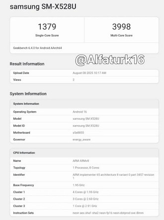 Galaxy Tab S10 FE aparece rodando One UI 8 e Android 16. Imagem: Geekbench/Reprodução Galaxy Tab S10 FE aparece rodando One UI 8 e Android 16. Imagem: Geekbench/Reprodução