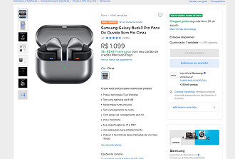 Samsung Galaxy Buds3 Pro sem fio na cor Cinza