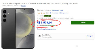 Galaxy S24 Plus saindo por R$ 3.509 na Casas Bahia com 10% de desconto no Pix