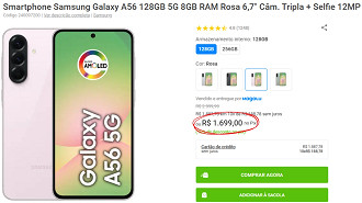 A oferta do Galaxy A56 por R$ 1.699 está disponível no Magalu. A oferta do Galaxy A56 por R$ 1.699 está disponível no Magalu.