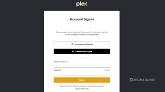 Tela de login da Plex. Imagem: Captura de tela Tela de login da Plex. Imagem: Captura de tela