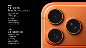 Os iPhones 17 Pro agora trazem 48MP nos três sensores. Isso possibilitou que a Apple trouxesse qualidade óptica de imagem de até 8x de zoom.