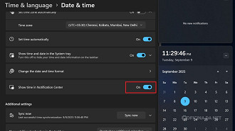 Uma das novidades é a volta do relógio completo no submenu Calendário da barra de tarefas. Imagem: Windows Latest/Reprodução Uma das novidades é a volta do relógio completo no submenu Calendário da barra de tarefas. Imagem: Windows Latest/Reprodução