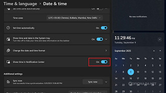 Uma das novidades é a volta do relógio completo no submenu Calendário da barra de tarefas. Imagem: Windows Latest/Reprodução
