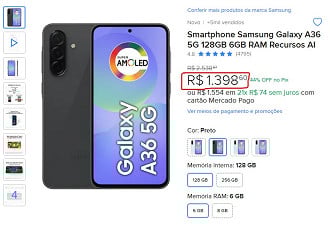 Galaxy A36 em oferta no Mercado Livre