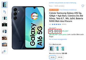 Galaxy A16 5G em oferta no Mercado Livre Galaxy A16 5G em oferta no Mercado Livre