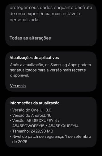 Changelog de atualização da One UI 8 para o A54 no Brasil. Changelog de atualização da One UI 8 para o A54 no Brasil.