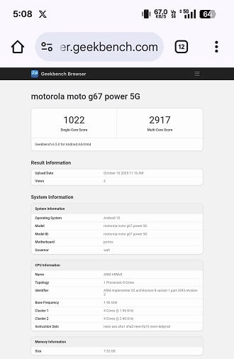 Motorola Moto G67 Power (Foto: Geekbench). Motorola Moto G67 Power (Foto: Geekbench).