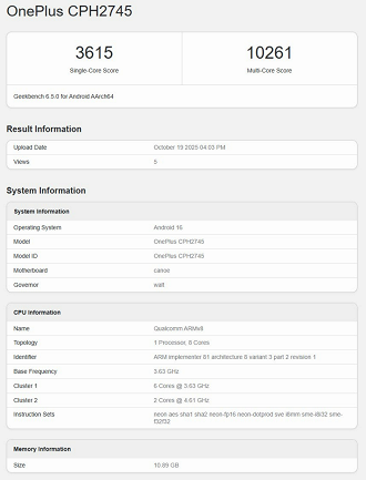 OnePlus 15 no Geekbench OnePlus 15 no Geekbench