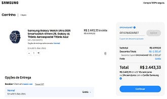 Galaxy Watch Ultra por R$ 2.443,33 na Samsung. Galaxy Watch Ultra por R$ 2.443,33 na Samsung.
