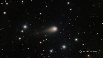 Processamento de imagem mostra o cometa 3I/ATLAS. Crédito: Observatório Internacional Gemini/NOIRLab/NSF/AURA. Processamento de imagens Shadow the Scientist: J. Miller e M. Rodriguez (Observatório Internacional Gemini/NSF NOIRLab), TA Rector (Universidade do Alasca Anchorage/NSF NOIRLab), M. Zamani (NSF NOIRLab)