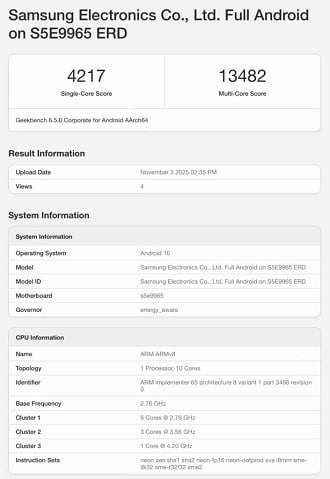 Resultado dos testes de benchmark do Exynos 2600 no Geekbench