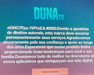 DunaTV exibe comunicado de desligamento. Imagem: Reprodução