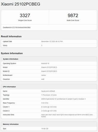 POCO F8 Ultra no Geekbench