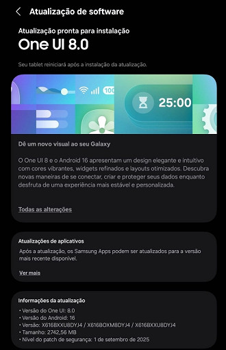 Changelog de atualização da One UI 8 para o Galaxy Tab S9 FE+ (Foto: Felipe Lupetti).