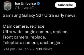 O Informante Ice Universe revelou os primeiros detalhes sobre o Galaxy S27 Ultra.