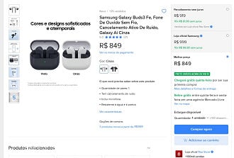 Galaxy Buds3 Fe por R$ 849,00 no Mercado Livre.