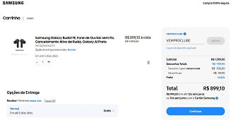 Galaxy Buds3 FE por R$ 899,10 na loja oficial da Samsung.