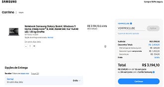 Galaxy Book4 por R$ 3.194,10 na loja oficial da Samsung.
