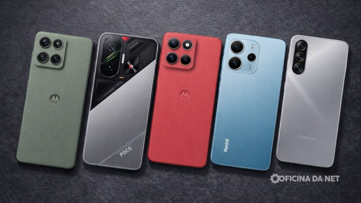 Separei uma lista com 5 celulares da Samsung, Motorola e Xiaomi que estão valendo a pena nesse ínicio de 2026. Imagem: Oficina da Net