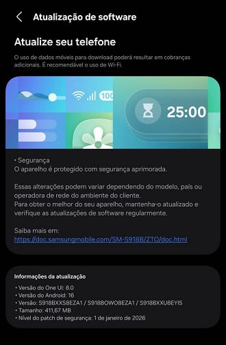 Changelog oficial de atualização do Galaxy S23 Ultra (Imagem / Felipe Lupetti).
