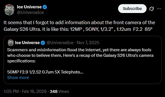 Vazamento confirma a presença de uma câmera frontal da Sony no Galaxy S26 Ultra