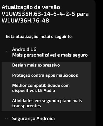 Changelog de atualização do Android 16.