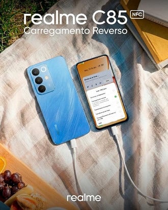 O realme C85 oferece bateria de 7.000 mAh e com carregamento reverso. Imagem: realme/Reprodução