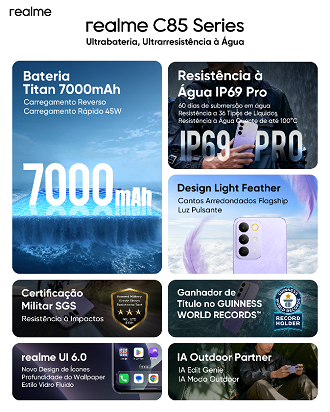 Especificações do realme C85. Imagem: realme/Reprodução