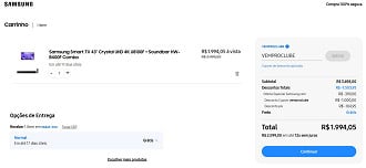 Samsung Smart TV 43 Crystal UHD 4K U8100F + Soundbar HW-B400F por R$ 1.994,05.