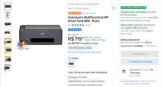 Impressora Multifuncional HP Smart Tank 584 - Preta por R$ 719,10!