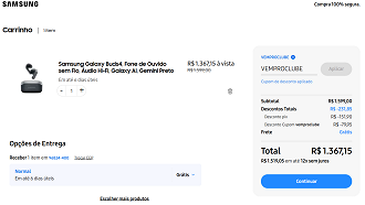 Galaxy Buds4 por R$ 1.367,15 na Samsung.