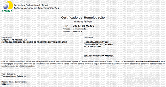 Documento que comprova a certificação do novo Motorola (Foto: TecnoBlog).