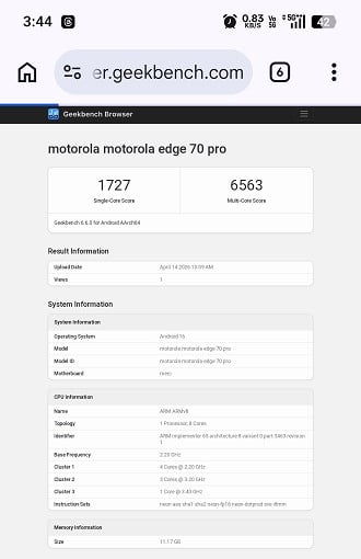 Motorola Edge 70 Pro no Geekbench