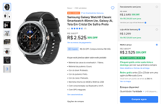 Galaxy Watch8 Classic 46mm LTE por R$ 2.525,00 no Mercado Livre.