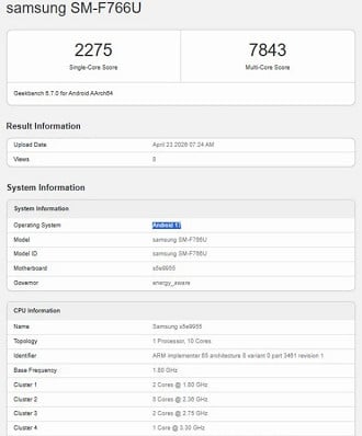 Galaxy Z Flip 7 testando a One UI 9 no Geekbench