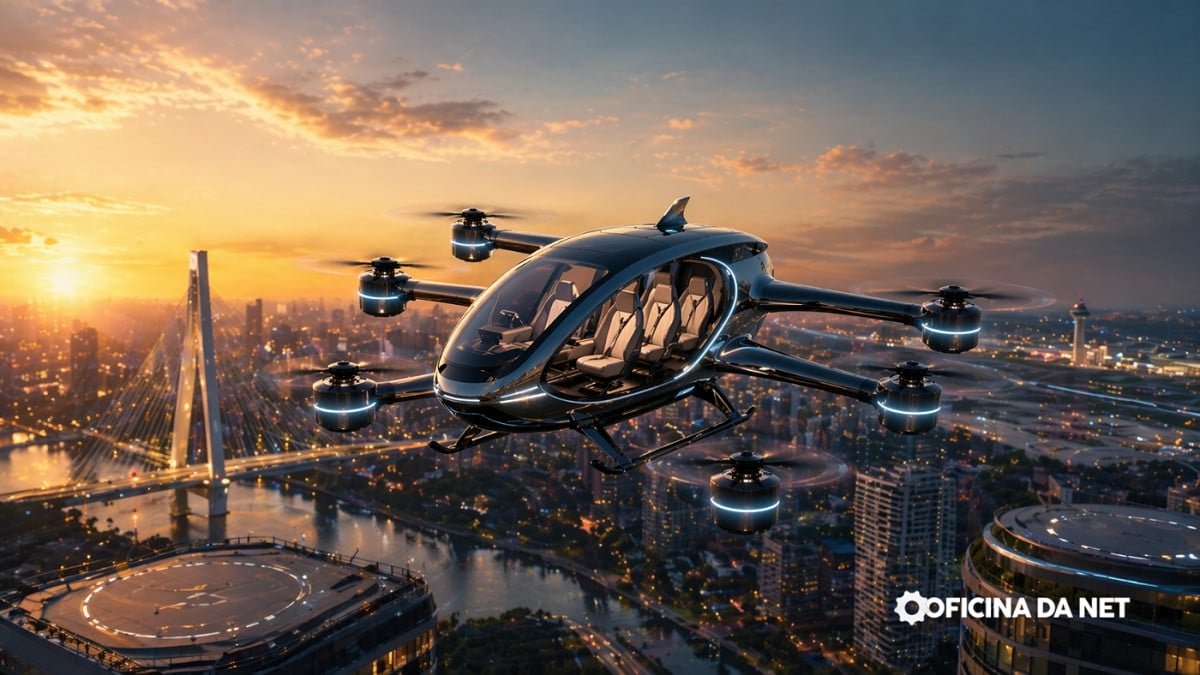 eVTOL elétrico da Eve Air Mobility, projeto de carro voador da Embraer com oito rotores e autonomia de 100 km. Imagem: Oficina da Net