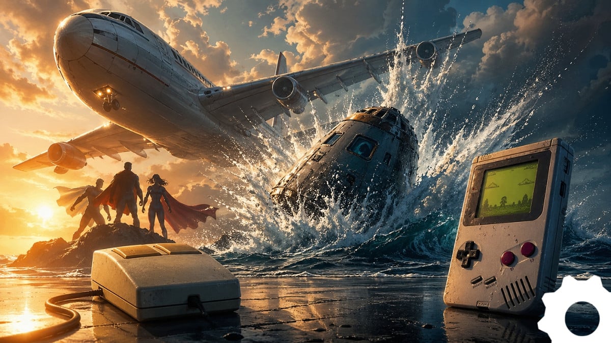 Colagem com mouse antigo, cápsula espacial, avião comercial, videogame portátil e super-heróis representando fatos históricos de 27 de abril