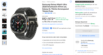 Galaxy Watch Ultra 2025 com 60% OFF, por R$ 1972,80 (Ainda tem cupom de R$100).