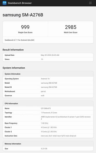 Galaxy A27 no Geekbench