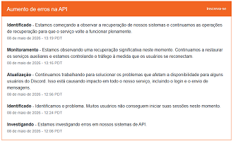 Página de status mostra os problemas