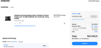 Galaxy Book4 por R$ 4.103,15 na loja oficial da Samsung.