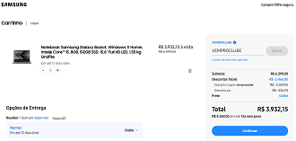 Galaxy Book4 por R$ 4.103,15 na loja oficial da Samsung.