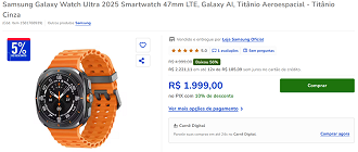 Galaxy Watch Ultra com quase 60% off, por R$ 1.999,00 nas Casas Bahia.
